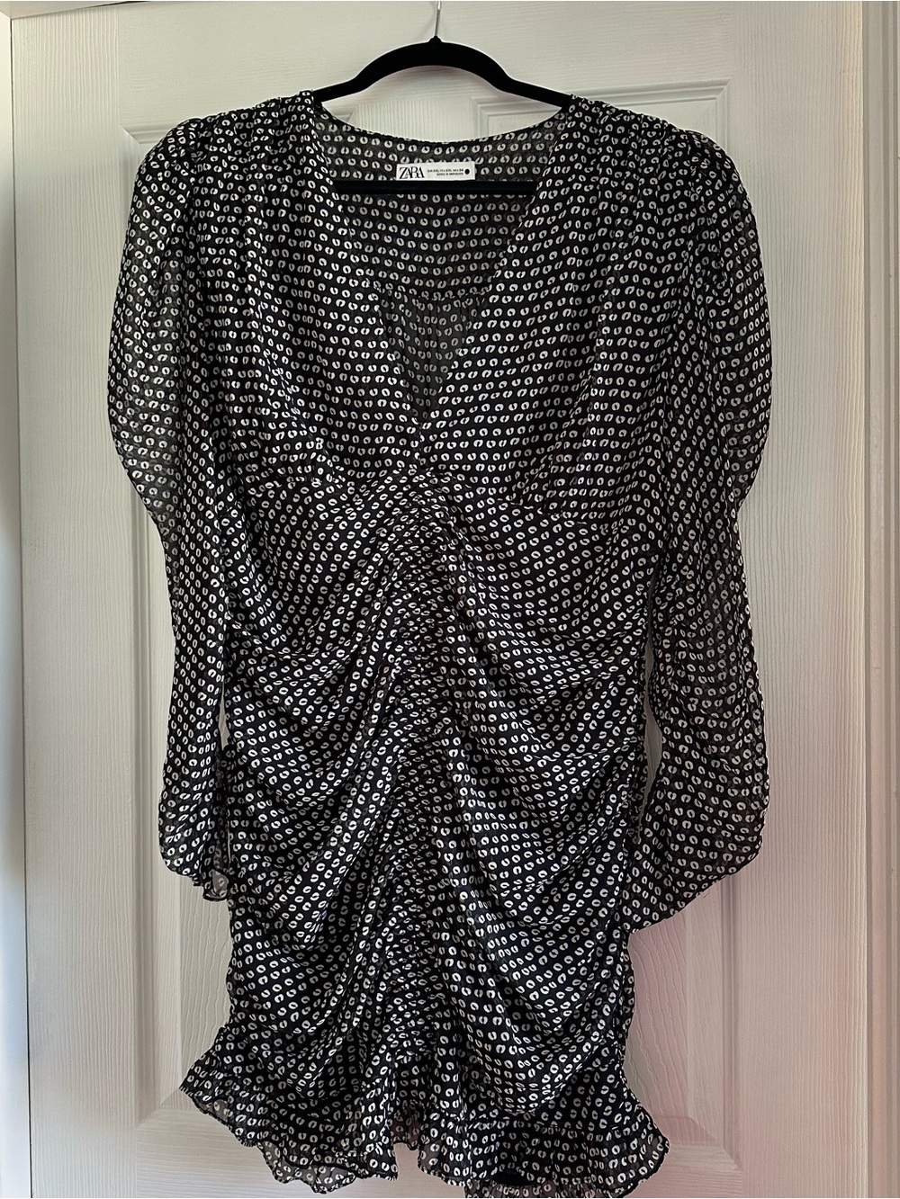 Zara Black & White Printed Ruched Dress